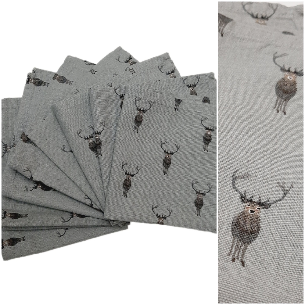 🍒 Set of 8 SOPHIE ALLPORT Highland Stag Deer 100% Cotton Cloth Napkins Grey